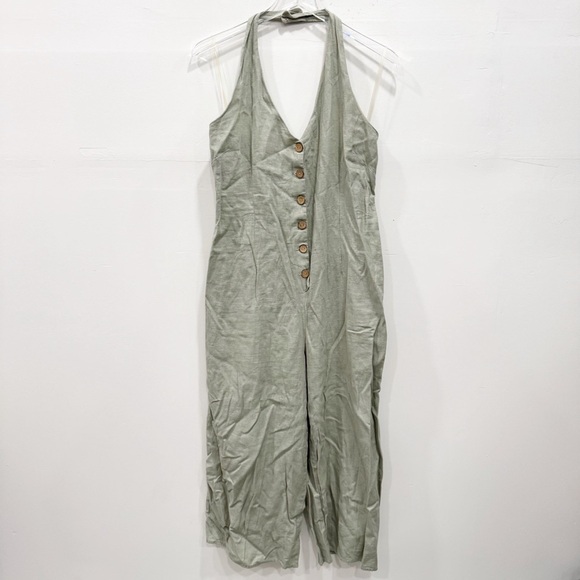 Gypsies & Moondust Halter Linen Blend Jumpsuit Button Front Wide Leg Sage Green - Picture 1 of 9
